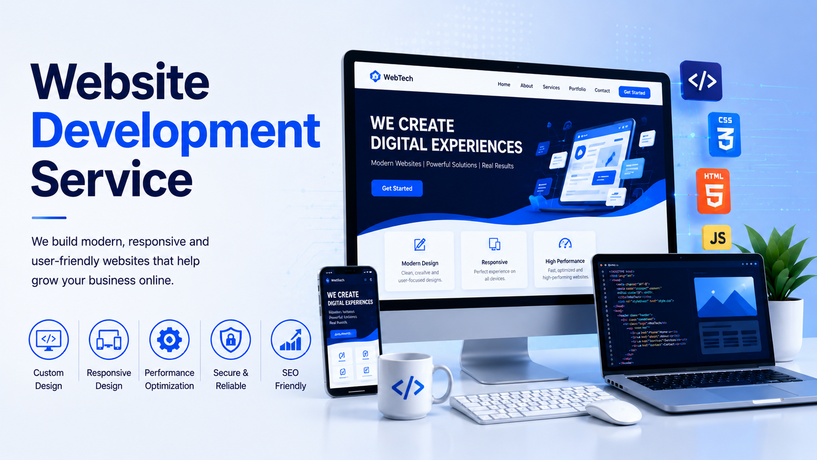 Website development service visual with responsive website and code workspace